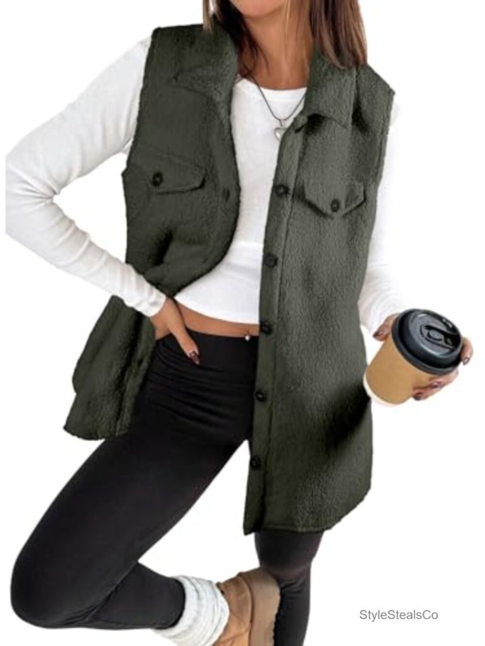 Women's Sherpa Fleece Sleeveless Button Down Long Vest Jacket
